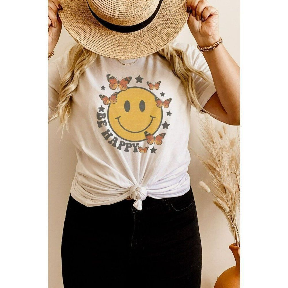 Be Happy Graphic Tee Comfort Colors Smiley Face Relaxed Slogan Shirt White New